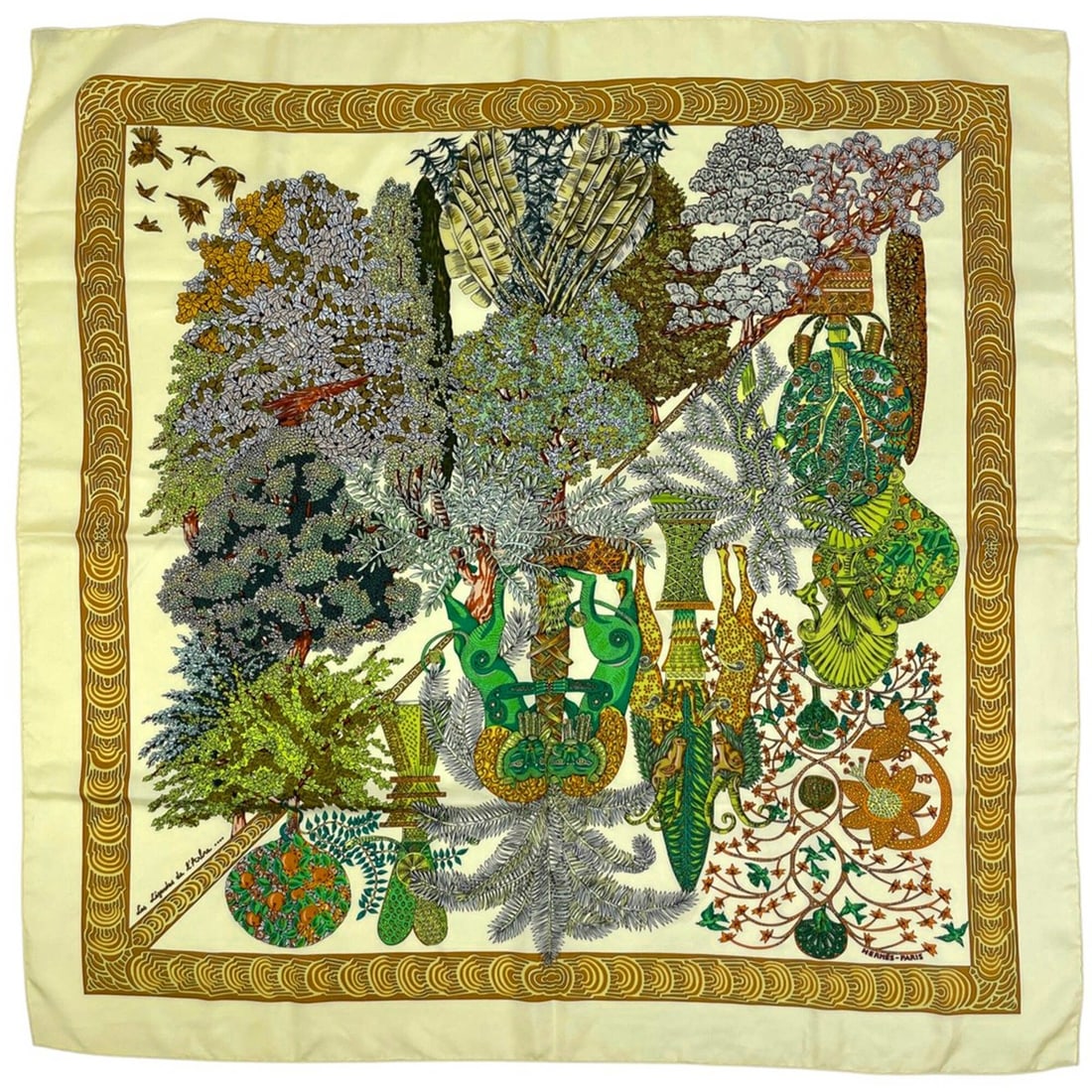 Hermes Carre 90 Les Legendes de L'Arbre (Legends of the Tree) Scarf/Muffler, Silk, Yellow: --- Catalog ---Category: SizeSize (LxW): 88cm x 90cm / 34.64'' x 35.43''Category: DesignType: ScarfColor: Multi-color, YellowGender: WomenMaterial: Silk 100%Category: GeneralBrand: Hermes--- Item List