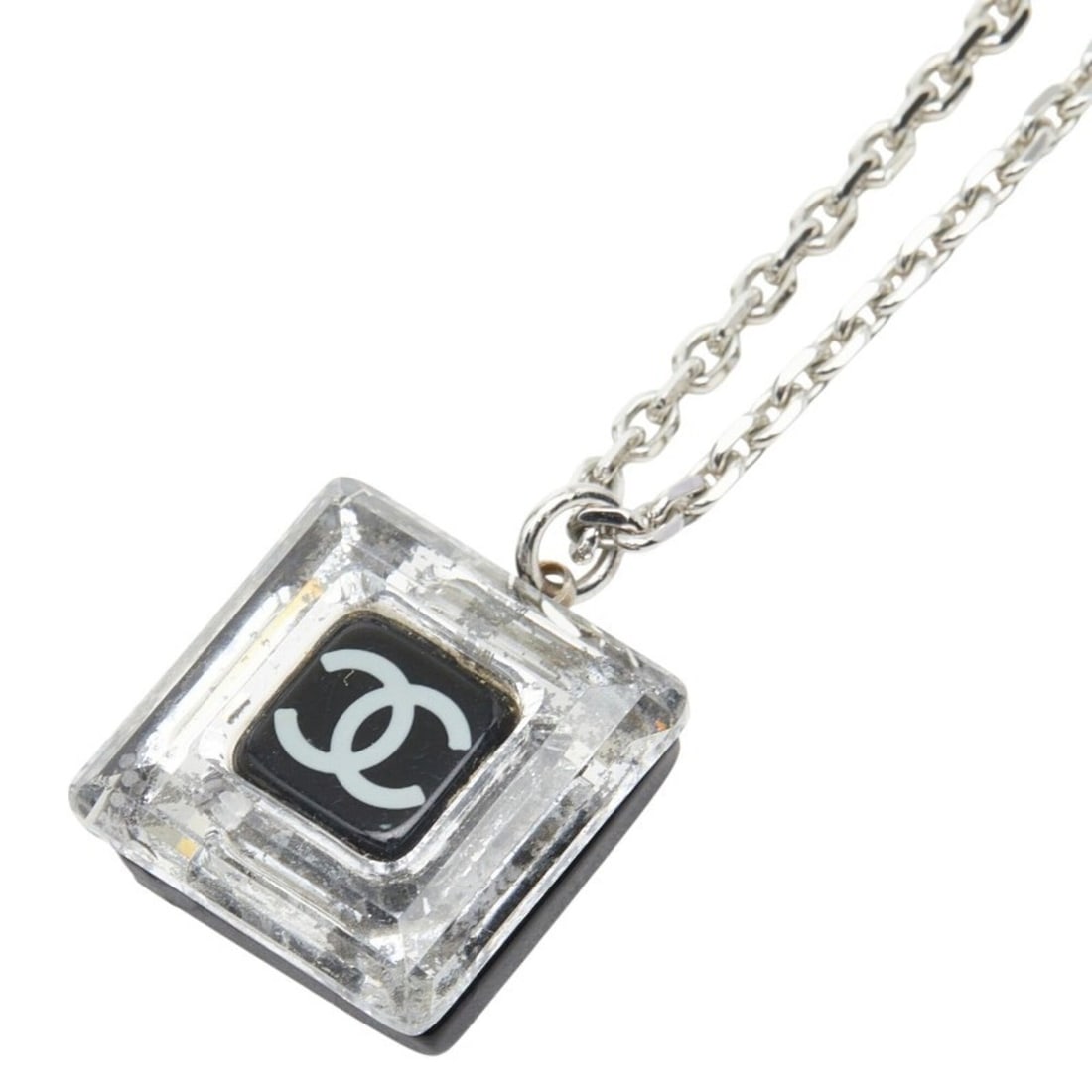 Chanel Coco Mark Square Pendant Necklace, 05A Engraving, Clear Black Plastic Metal, Women's CHANEL: --- Catalog ---Category: SizePendant Size: 23.2mm x 20mm / 0.91'' x 0.78''Neck Circumference: 46 cm / 18.11''Category: DesignColor: Black, Clear, SilverGender: WomenMaterial: Metal, PlasticPendant Typ