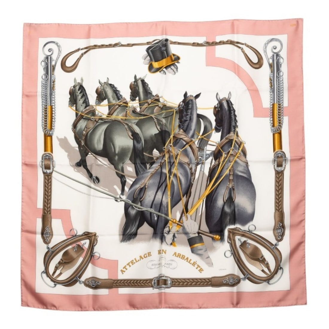 Hermes Carre 90 ATTELAGE EN ARBALETE Carriage-shaped linked scarf/muffler, pink multicolor silk,: --- Catalog ---Category: SizeSize (LxW): 88.5cm x 87.5cm / 34.84'' x 34.44''Category: DesignType: ScarfColor: Multi-color, PinkGender: WomenMaterial: Silk Category: GeneralBrand: Hermes--- Item List -