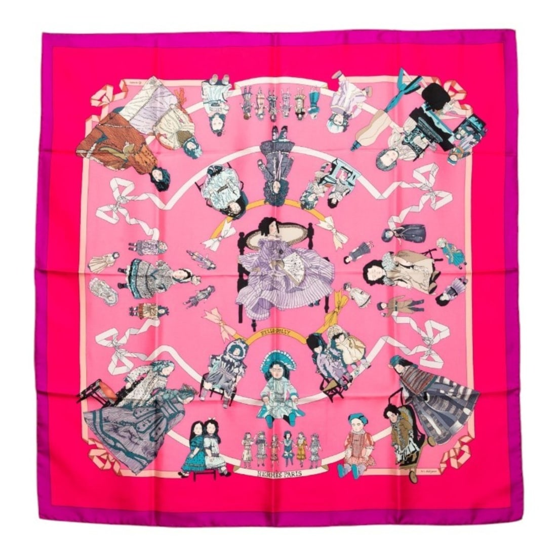Hermes Carre 90 HELLO DOLLY Doll Scarf/Muffler, Purple Multicolor Silk, Women's.: --- Catalog ---Category: SizeSize (LxW): 89cm x 88cm / 35.03'' x 34.64''Category: DesignType: ScarfColor: Multi-color, PurpleGender: WomenMaterial: Silk Category: GeneralBrand: Hermes--- Item List ---