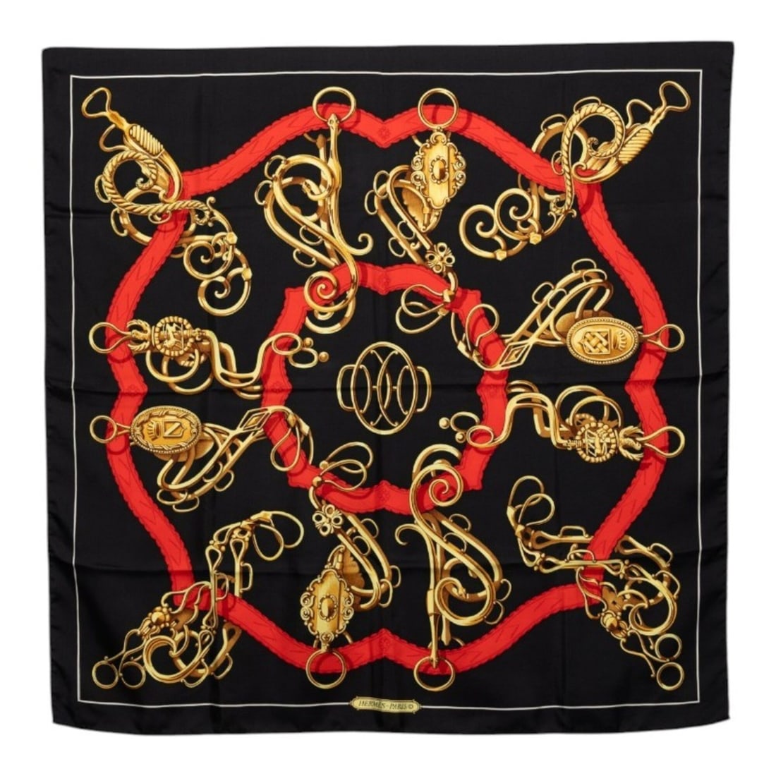 Hermes Carre 90 Scarf/Muffler, Black and Red, Silk, Women's: --- Catalog ---Category: SizeSize (LxW): 86cm x 87cm / 33.85'' x 34.25''Category: DesignType: ScarfColor: Black, Red colorGender: WomenMaterial: Silk Category: GeneralBrand: Hermes--- Item List ---Sec