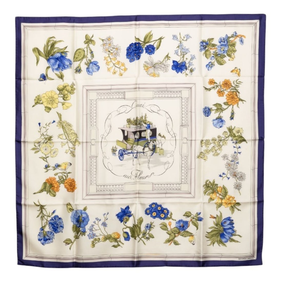 Hermes Carre 90 Quai aux Fleurs (Flowering Coastline) Scarf/Muffler, Blue Multicolor Silk, Women's: --- Catalog ---Category: SizeSize (LxW): 89cm x 88cm / 35.03'' x 34.64''Category: DesignType: ScarfColor: Blue, Multi-colorGender: WomenMaterial: Silk Category: GeneralBrand: Hermes--- Item List ---Se