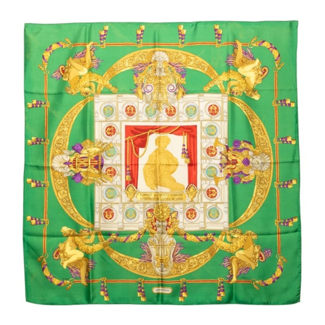 Hermes Carre 90 Hommage a Charles Garnier Scarf/Muffler, Green Multicolor Silk, Women's: --- Catalog ---Category: SizeSize (LxW): 88cm x 86cm / 34.64'' x 33.85''Category: DesignType: ScarfColor: Green, Multi-colorGender: WomenMaterial: Silk Category: GeneralBrand: Hermes--- Item List ---S