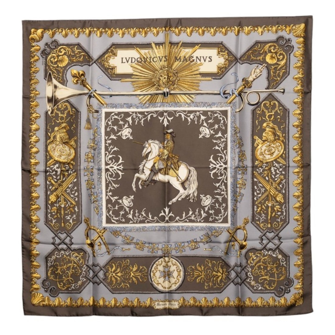 Hermes Carre 90 LVDOVICVS MAGNVS Louis XIV on a White Horse Scarf Muffler Gray Multicolor Silk: --- Catalog ---Category: SizeSize (LxW): 89cm x 88cm / 35.03'' x 34.64''Category: DesignType: ScarfColor: Gray, Multi-color, WhiteGender: WomenMaterial: Silk Category: GeneralBrand: Hermes--- Item Lis