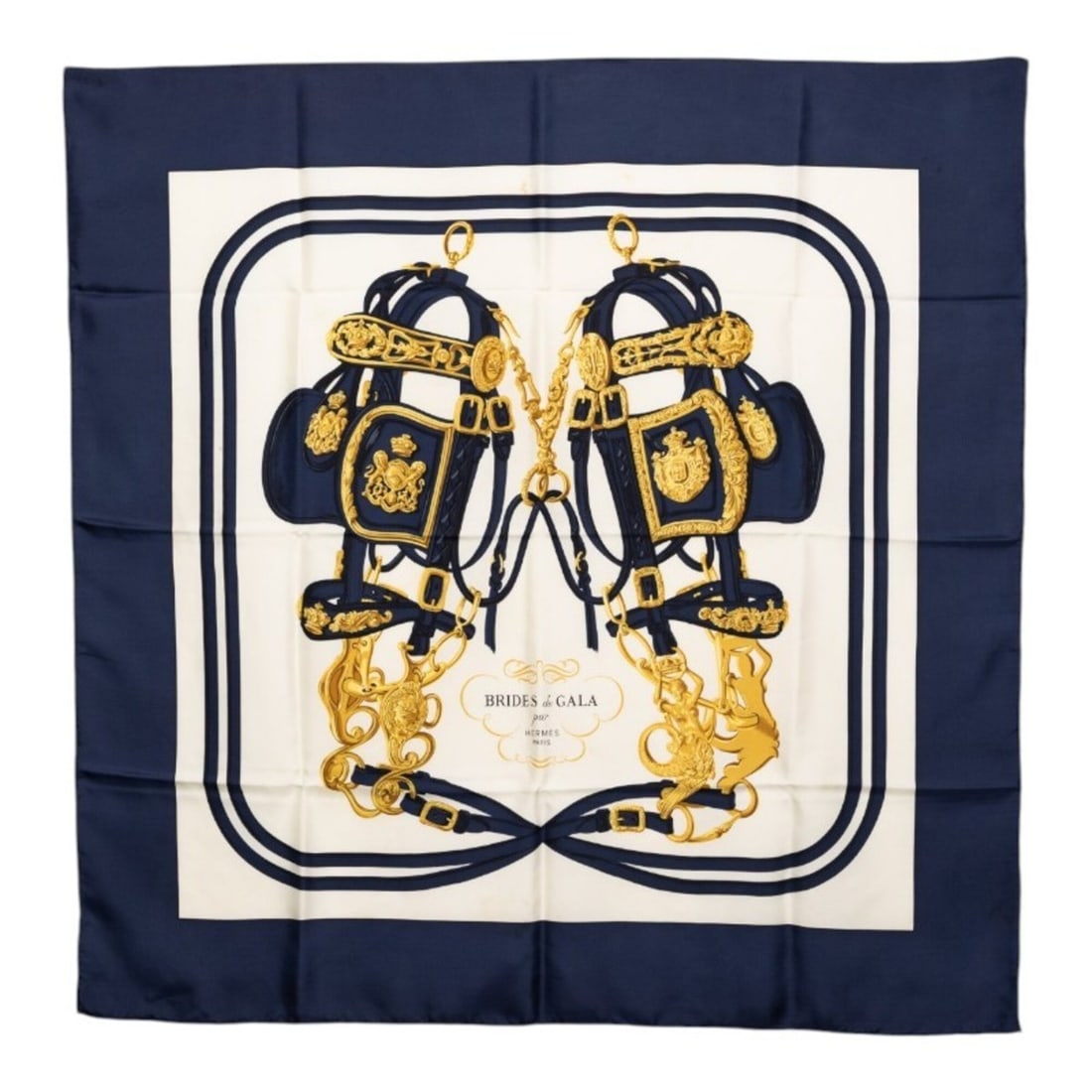 Hermes Carre 90 BRIDES de GALA Ceremonial Bridle Scarf/Muffler, Navy Multicolor Silk, Women's HERMES: --- Catalog ---Category: SizeSize (LxW): 88cm x 88cm / 34.64'' x 34.64''Category: DesignType: ScarfColor: Multi-color, NavyGender: WomenMaterial: Silk Category: GeneralBrand: Hermes--- Item List ---Se