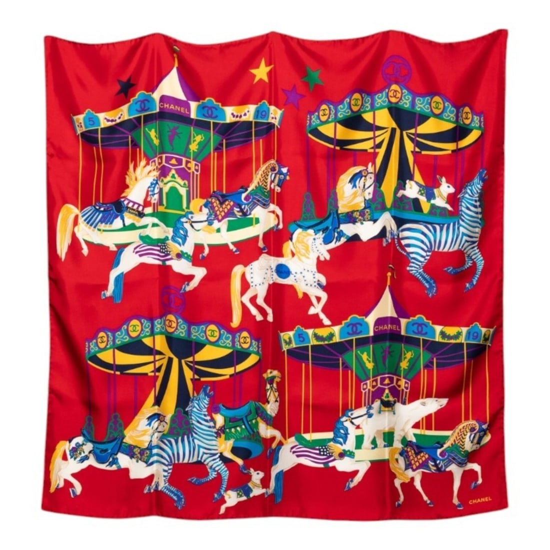 Chanel Merry-Go-Round Scarf Muffler Red Multicolor Silk Women's CHANEL (1 of 9)