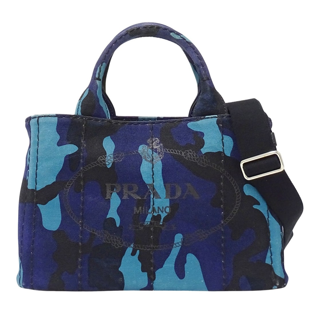 Prada PRADA handbag for women, brand name, tote bag, handbag, shoulder 2-way, Canapa Mini canvas,: --- Catalog ---Category: SizeSize (HxWxD): 19cm x 29cm x 16cm / 7.48'' x 11.41'' x 6.29''Category: DesignType: Handbag, Shoulder bag, Tote bagColor: Camouflage, NavyGender: WomenMaterial: Canvas Categ