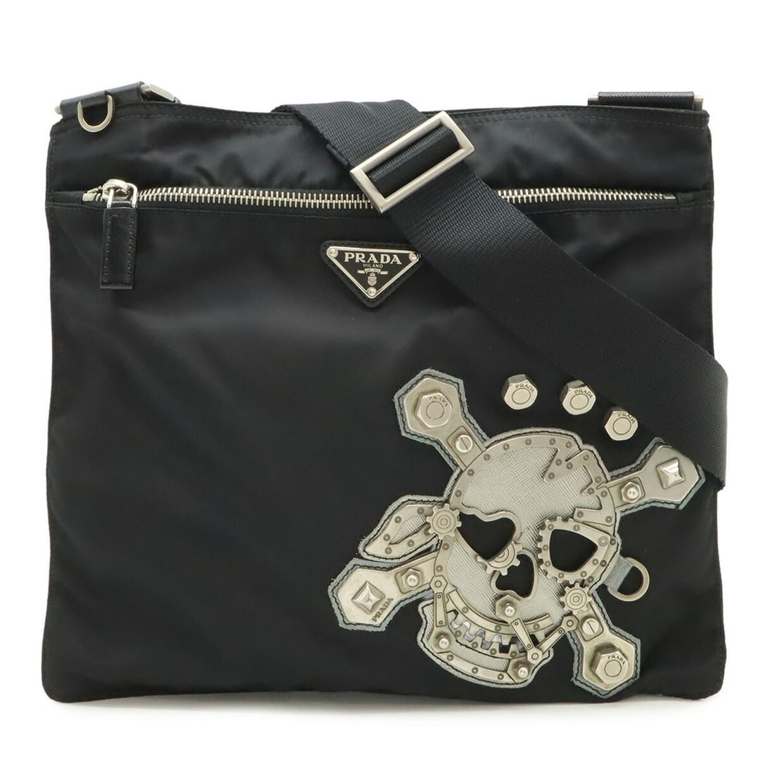 PRADA Skull Shoulder Bag, Motif, Studded Nylon, NERO Black, Purchased at a Japanese boutique, VA0859: --- Catalog ---Category: SizeSize (HxWxD): 27cm x 30cm / 10.62'' x 11.81''Category: DesignType: Shoulder bagColor: Black, NeroGender: Women,MenMaterial: Nylon , Leather Category: GeneralBrand: PradaCo