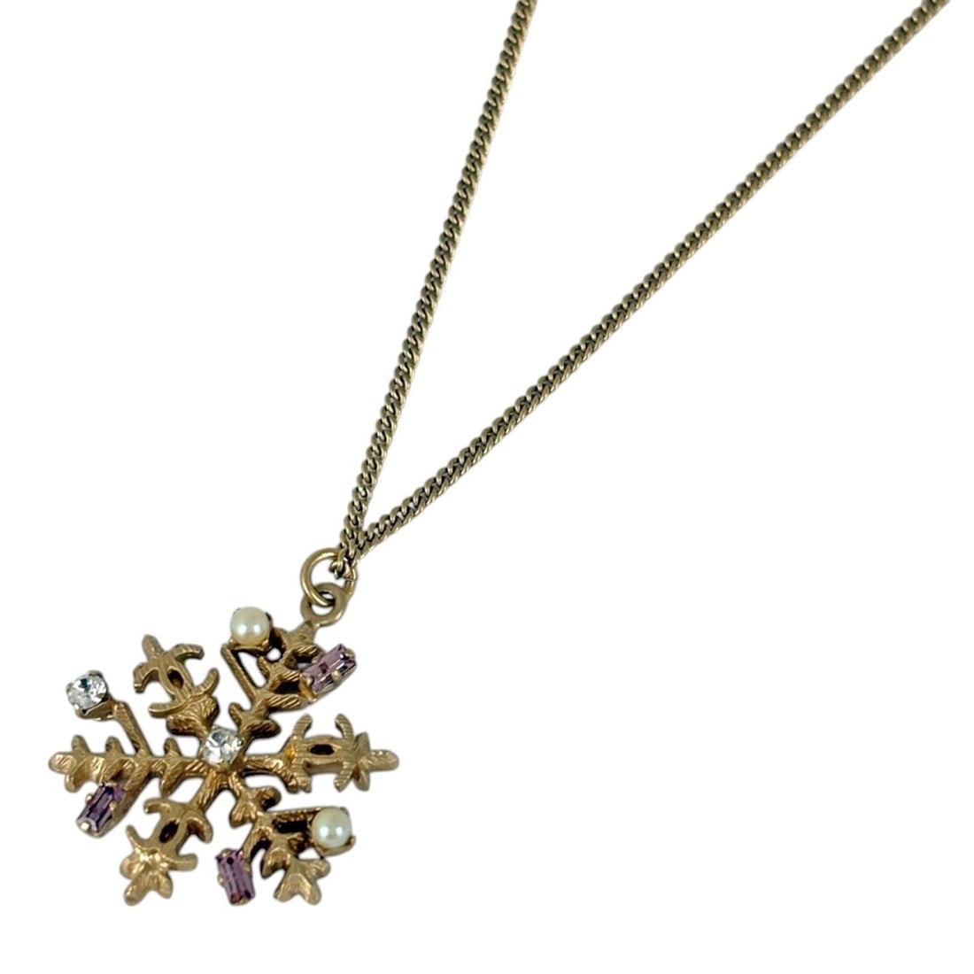 Chanel Coco Mark Rhinestone Necklace, Snowflake Design, GP (Gold Plated) Faux Pearl, Gold, Pink,: --- Catalog ---Category: SizePendant Size: 30mm x 26mm / 1.18'' x 1.02''Neck Circumference: 43 cm / 16.92''Category: DesignColor: Gold, PinkGender: WomenMaterial: Artificial pearl, Gold platingNecklac