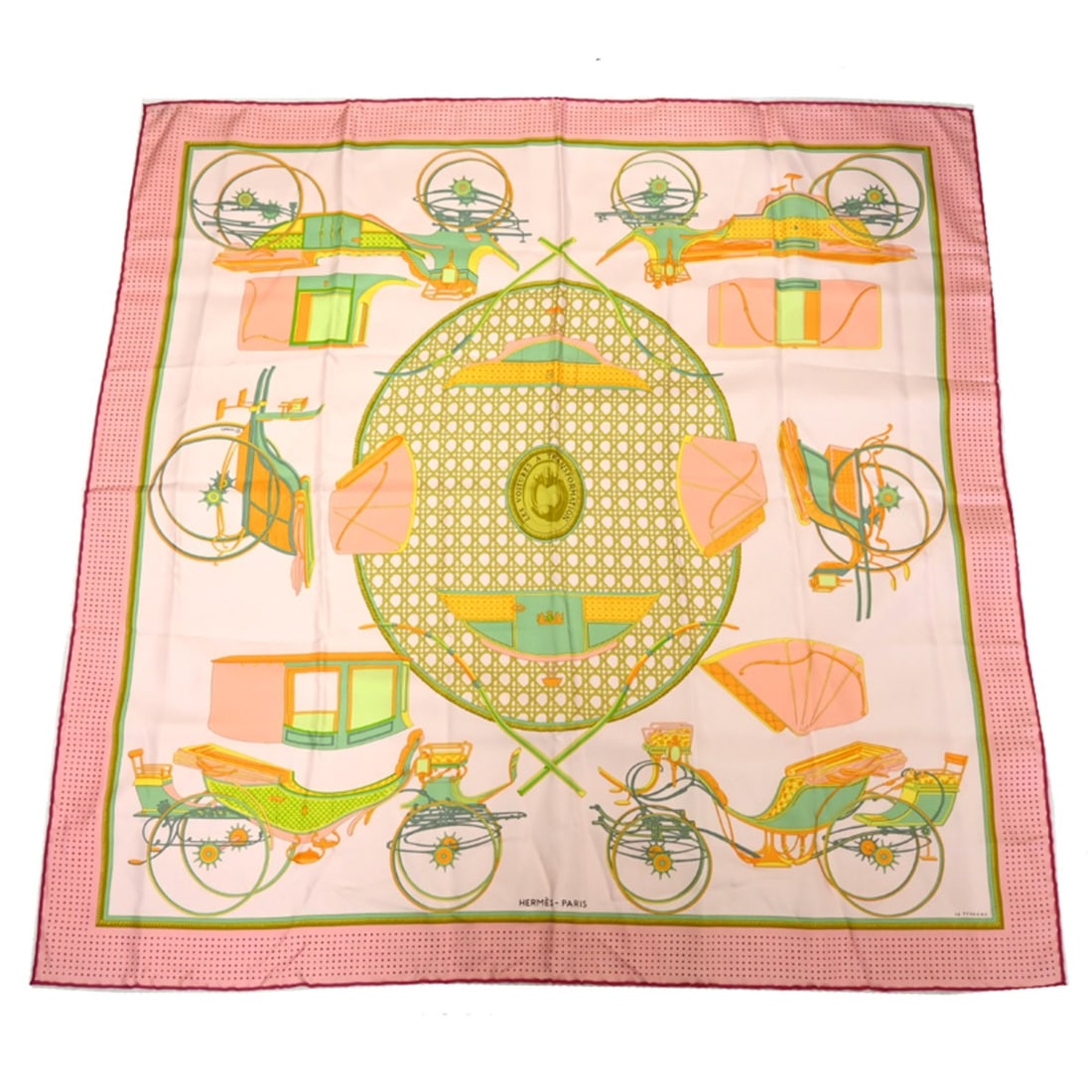 Hermes Carre 90 Les Voitures Transformation Folding Carriage Scarf, Women's, 100% Silk, Pink (1 of 8)