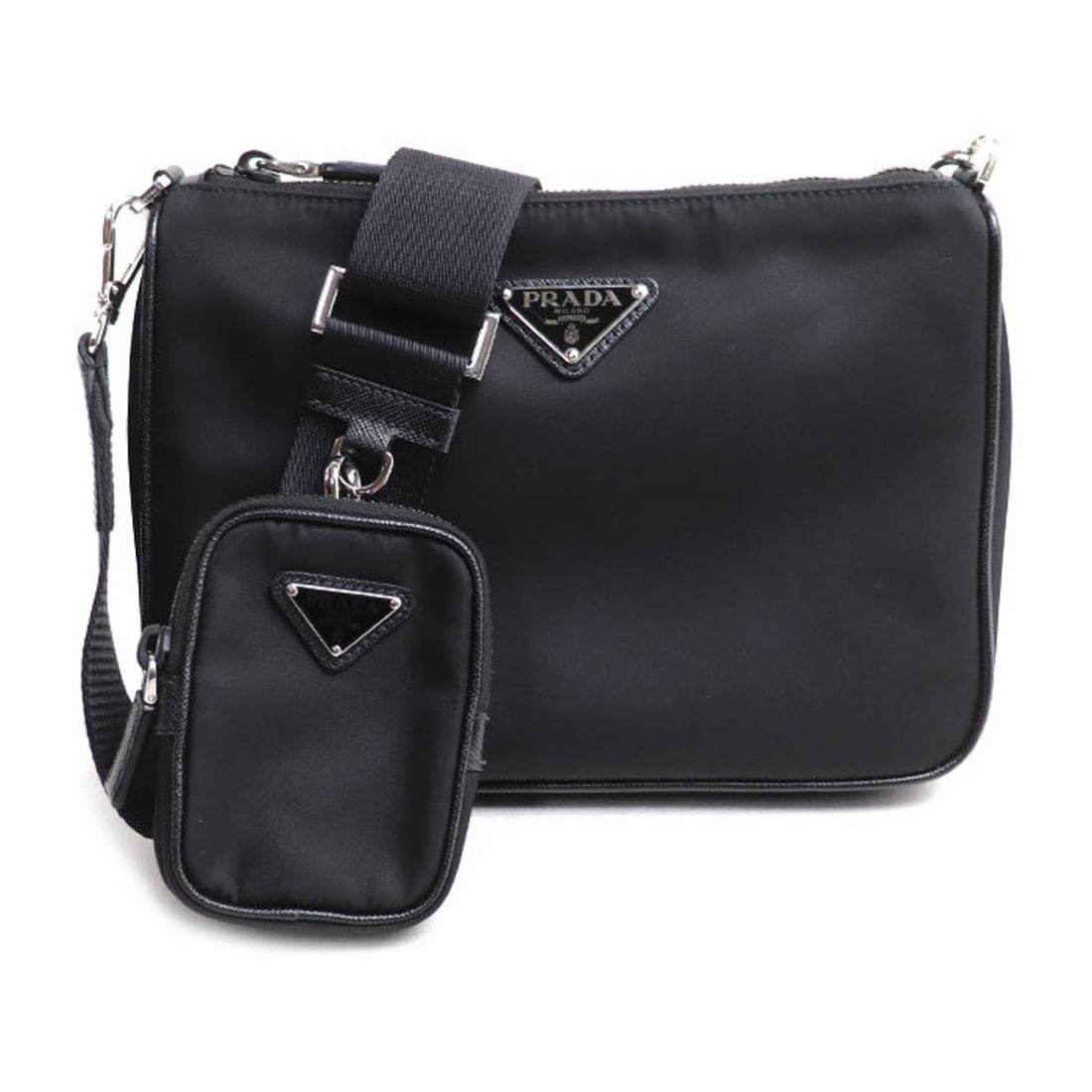 PRADA Tessuto Shoulder Bag, Black, 2VH113_2DMH_F0002, Women's: --- Catalog ---Category: SizeSize (HxWxD): 18cm x 25cm x 6cm / 7.08'' x 9.84'' x 2.36''Category: DesignType: Pouch, Shoulder bagColor: BlackGender: WomenMaterial: Polyamide Hardware Color: SilverCateg