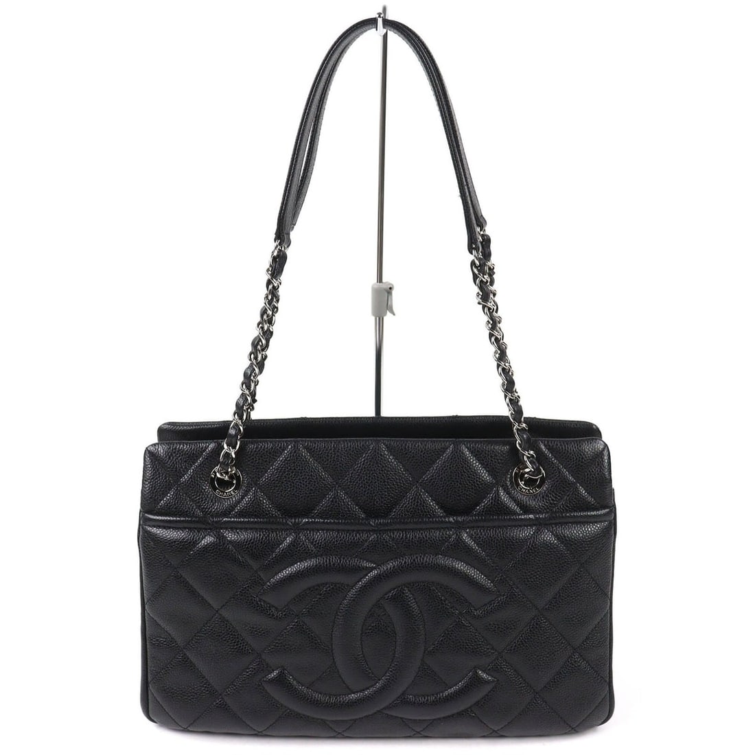 CHANEL A67294 Caviar Skin Coco Mark Matelassé Chain Tote Bag, Black with Silver Hardware, Comes: --- Catalog ---Category: SizeSize (HxWxD): 22cm x 33.5cm x 11cm / 8.66'' x 13.18'' x 4.33''Category: DesignType: Tote bagColor: BlackGender: WomenMaterial: Grained Calfskin Hardware Color: