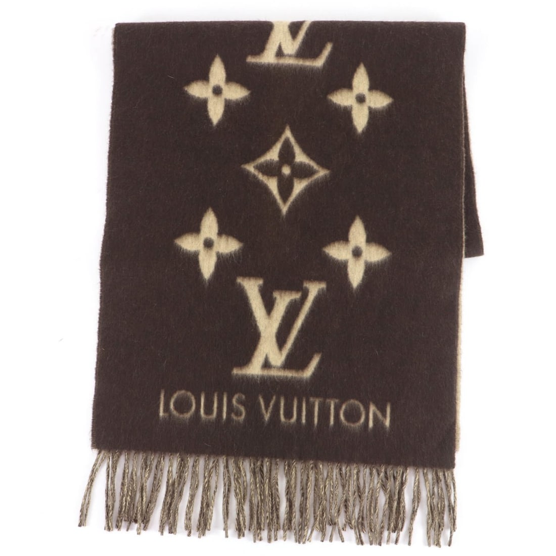 LOUIS VUITTON 401486 Echarpe Reykjavik 100% Cashmere Monogram Fringe Scarf Brown Authentic Women's: --- Catalog ---Category: SizeSize (LxW): 1.7m x 43cm / 66.92'' x 16.92''Category: DesignType: StoleColor: BrownGender: WomenMaterial: Cashmere 100%Category: GeneralBrand: Louis Vuitton--- Item List --