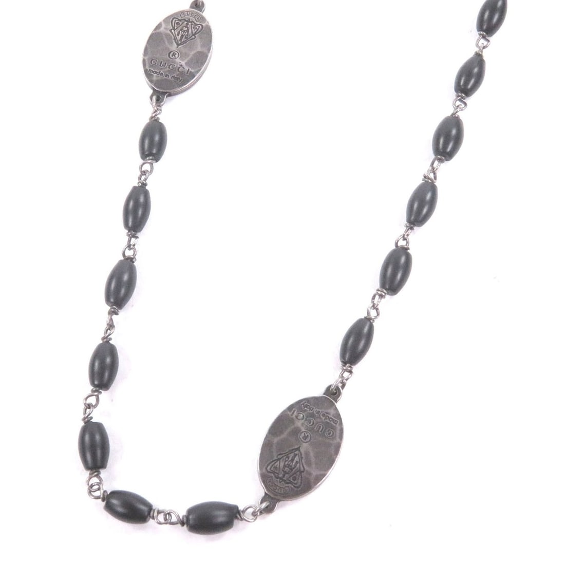 GUCCI AG925 Crest Plate Long Necklace, Silver & Black, Made in Italy, Total Weight 35g, Recommended: --- Catalog ---Category: SizeNeck Circumference: 70 cm / 27.55''Category: DesignColor: Black, SilverGender: MenMaterial: Silver 925Necklace Type: NecklaceCategory: GeneralBrand: GucciCountry of Origin