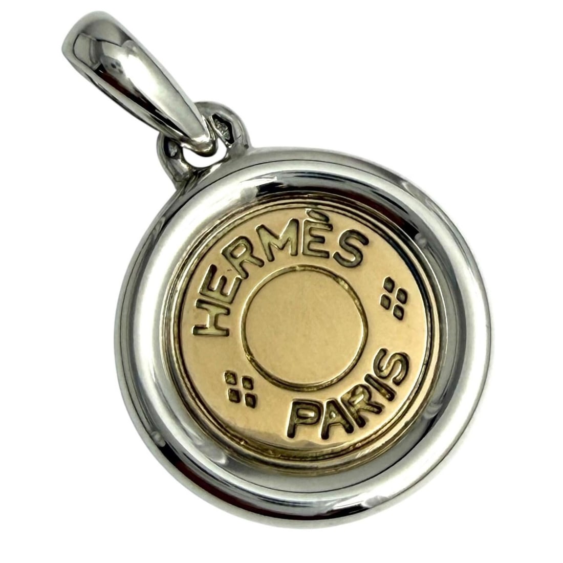 HERMES 925 750 Sellier Pendant Necklace Top, Combination Silver and Gold, Total Weight 6.3g,: --- Catalog ---Category: SizeWeight: 6.3g / 0.22oz.Diameter: 17mm / 0.66''Category: DesignColor: Gold, SilverGender: WomenMetal Purity: 18K, Silver925Pendant Type: PendantNecklace Type: PendantCategor
