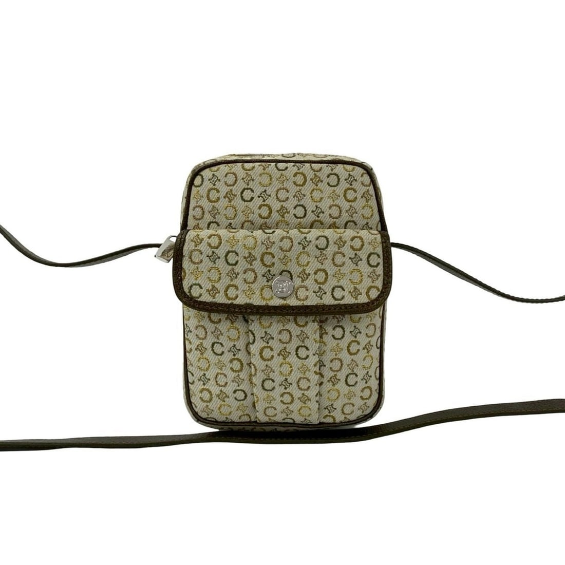 CELINE C Macadam Logo Hardware Canvas Leather Mini Shoulder Bag Pouch Khaki Gold 38319: --- Catalog ---Category: SizeSize (HxWxD): 18cm x 13cm x 3.5cm / 7.08'' x 5.11'' x 1.37''Category: DesignType: Pochette, Shoulder bagColor: Brown, Gold, Khaki, White, YellowGender: WomenMaterial: Canv