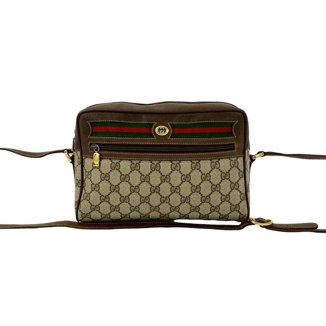 GUCCI Vintage Sherry Line GG Logo Leather Shoulder Bag, Brown, 29604: --- Catalog ---Category: SizeSize (HxWxD): 18cm x 26cm x 7.5cm / 7.08'' x 10.23'' x 2.95''Category: DesignType: Shoulder bagColor: Brown, Green, Red colorGender: WomenMaterial: Leather , PVC Category:
