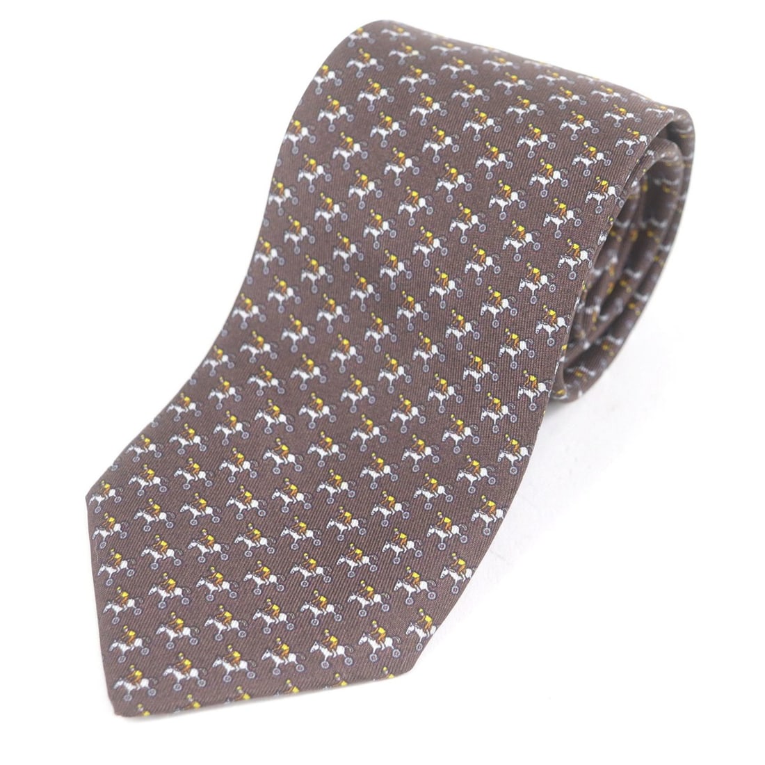 HERMES 625657 100% Silk Jockey & Toy Horse Pattern Regular Tie, Brown, with Box, Made in France, (1 of 11)