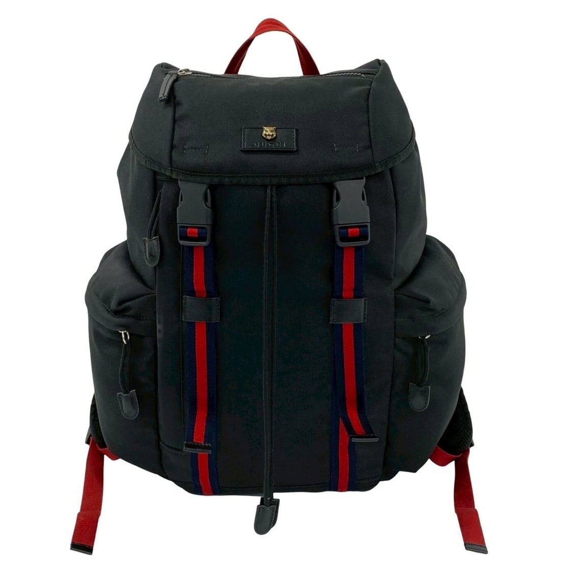 GUCCI Tiger Head Hardware Webbing Leather Techno Canvas Backpack, Black, 35790: --- Catalog ---Category: SizeSize (HxWxD): 48cm x 31cm x 14cm / 18.89'' x 12.2'' x 5.51''Category: DesignType: BackpackColor: Black, Navy, Red colorGender: WomenMaterial: Leather , Canvas Category: