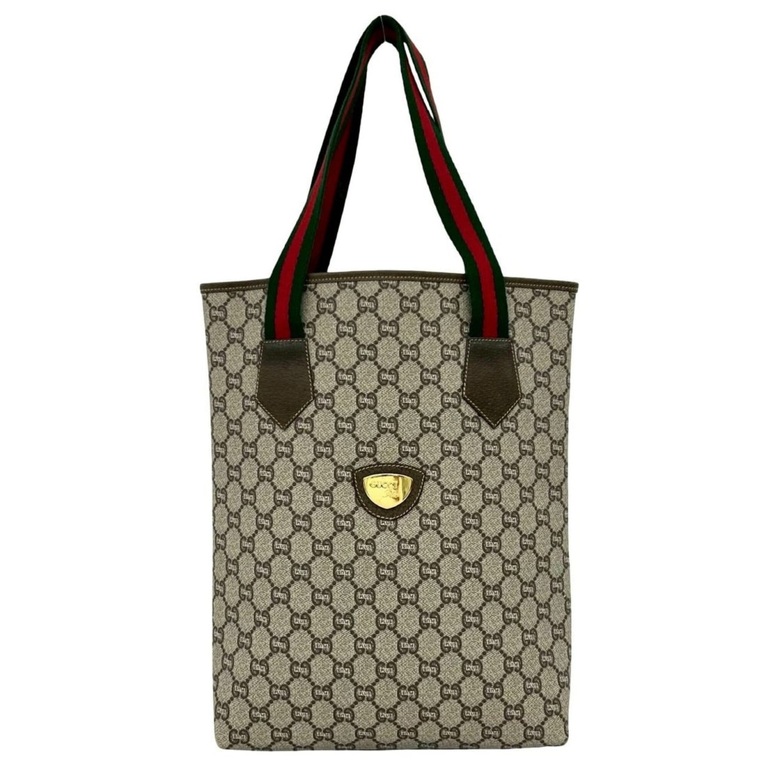 GUCCI Vintage Sherry Line Tote Bag with Gucci Plus Hardware, Brown, 32816: --- Catalog ---Category: SizeSize (HxWxD): 32.5cm x 23.5cm x 8.5cm / 12.79'' x 9.25'' x 3.34''Category: DesignType: Tote bagColor: Brown, Green, Red colorGender: WomenMaterial: PVC , Leather