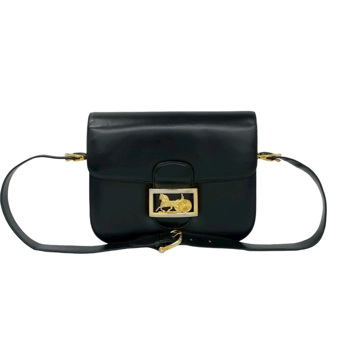 CELINE Vintage Carriage Hardware Calf Leather Shoulder Bag Pouch Sacoche Black 39689 (1 of 17)