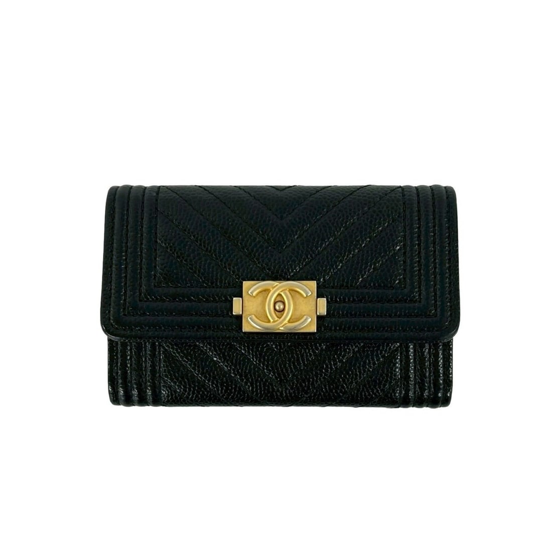 CHANEL Boy Chanel V-stitch Caviar Skin Business Card Holder/Card Case/Pass Case Black 63093 (1 of 15)