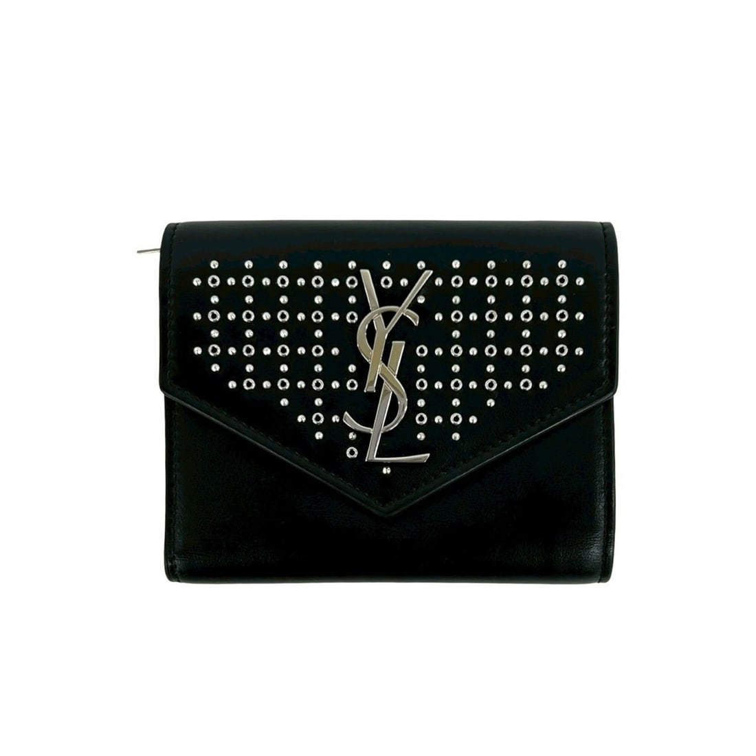 YVES SAINT LAURENT YSL Logo Studded Leather Bi-fold Mini Wallet Black 52974: --- Catalog ---Category: SizeSize (HxWxD): 10cm x 12cm x 2cm / 3.93'' x 4.72'' x 0.78''Category: DesignType: Wallet (bi-fold)Color: BlackGender: WomenMaterial: Leather Category: GeneralBrand: Yves Sai