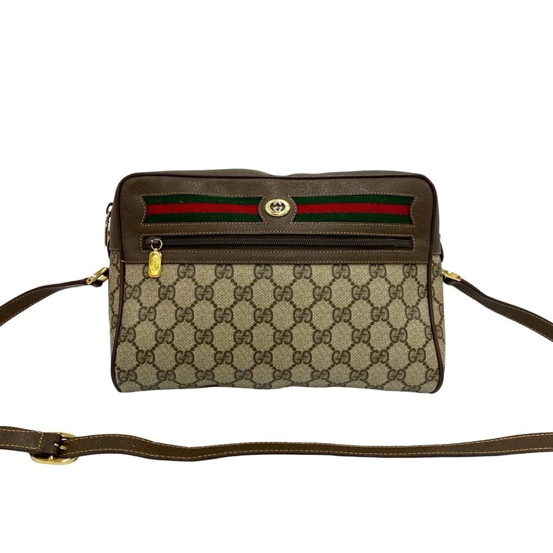 GUCCI Vintage Sherry Line GG Logo Leather Shoulder Bag (Brown) 414-4: --- Catalog ---Category: SizeSize (HxWxD): 18cm x 26cm x 7cm / 7.08'' x 10.23'' x 2.75''Category: DesignType: Shoulder bagColor: Brown, Green, Red colorGender: WomenSeason: VintageMaterial: Leather ,