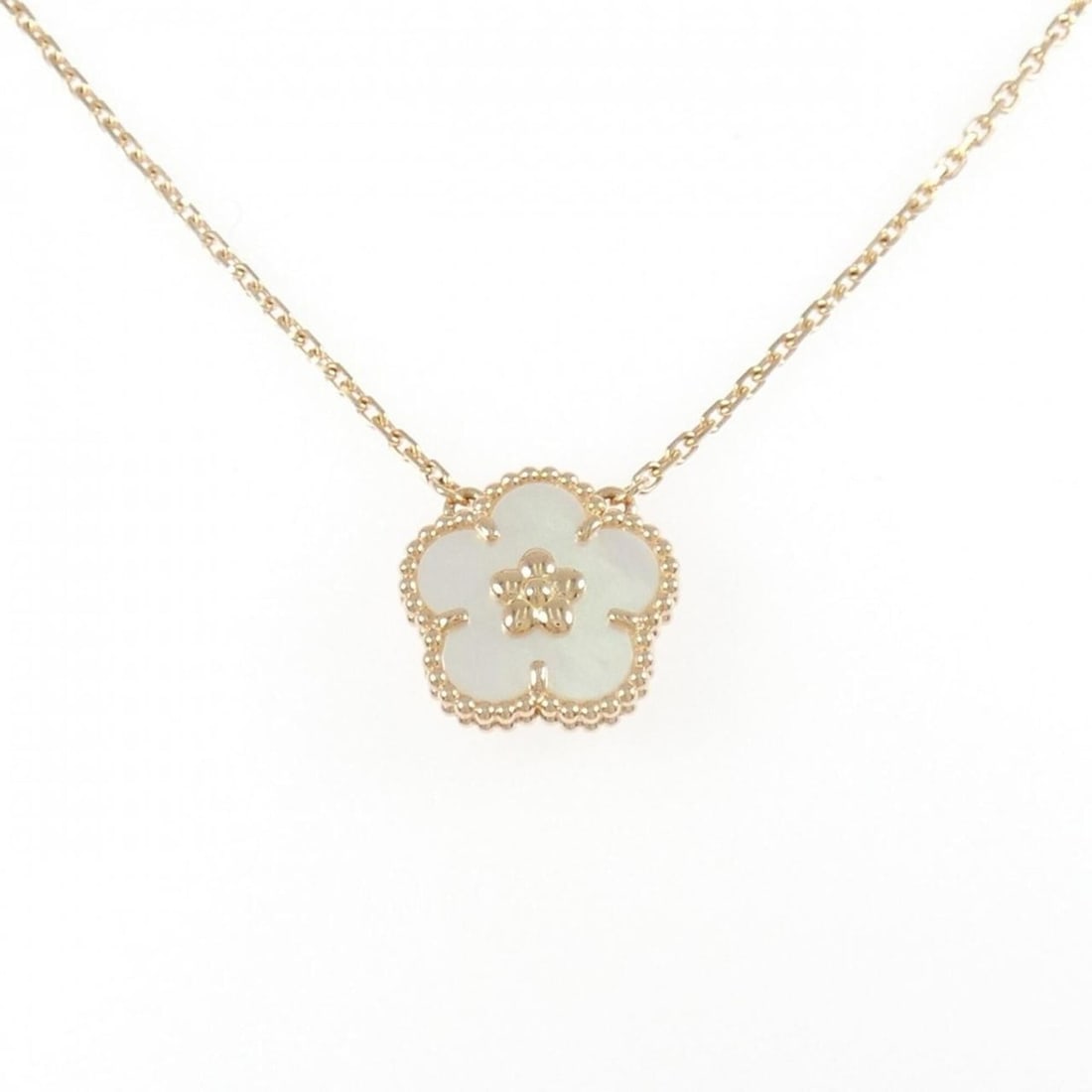 Van Cleef & Arpels Lucky Spring Plum Blossom Necklace: --- Catalog ---Category: SizeWidth: 1.2mm / 0.05''Pendant Size: 13.6mm x 13.7mm / 0.53'' x 0.53''Neck Circumference: 38 cm - 42 cm / 14.96'' - 16.53''Category: DesignGender: WomenMaterial: Pink gold