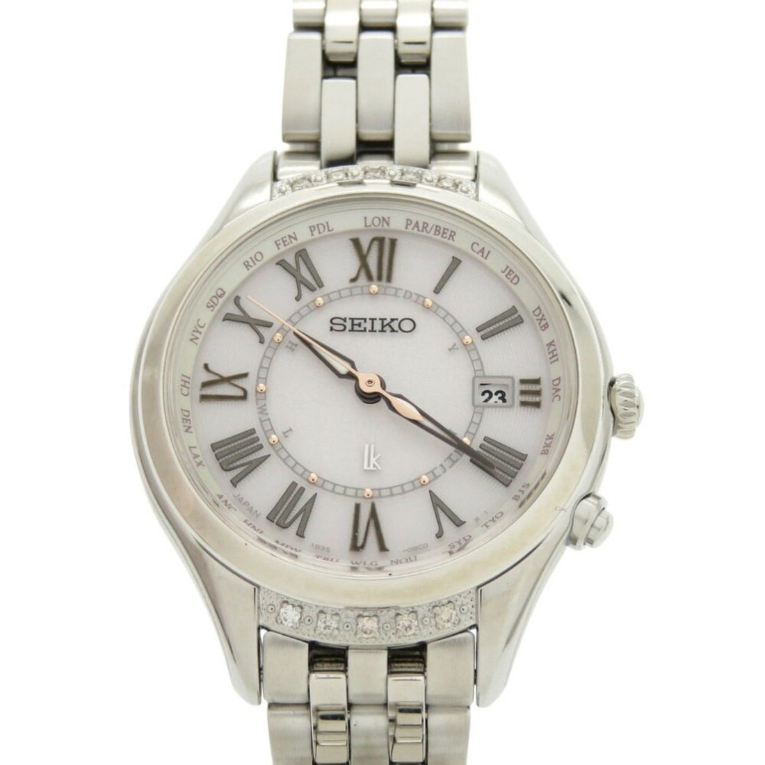 Unused Seiko Lucia SSVV053 SS Mocha Pink Solar Radio Wristwatch Silver 0040SEIKO: --- Catalog ---Category: SizeWrist Size: 17cm / 6.69''Case Diameter: 35mm / 1.38''Category: DesignType: WristwatchGender: WomenDisplay: AnalogColor (Dial): PinkMaterial (Band): Stainless steelMaterial