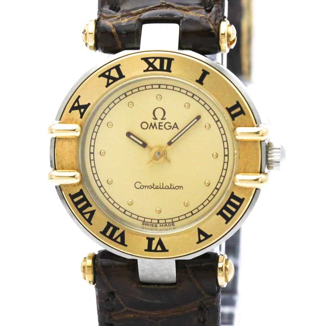 OMEGA Constellation 18K Gold Quartz Ladies Watch 595.1080 Polished: --- Catalog ---Category: SizeCase Diameter: 23mm / 0.91''Category: DesignType: WristwatchStyle: Dress/FormalGender: WomenColor (Dial): GoldMaterial (Band): LeatherMaterial (Case): Stainless steel, Yel