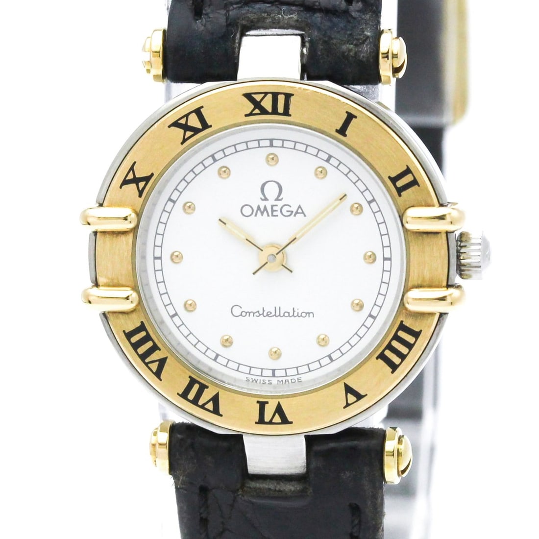 OMEGA Constellation 18K Gold Quartz Ladies Watch 595.1080 Polished: --- Catalog ---Category: SizeCase Diameter: 23mm / 0.91''Category: DesignType: WristwatchStyle: Dress/FormalGender: WomenColor (Dial): WhiteMaterial (Band): LeatherMaterial (Case): Stainless steel, Ye