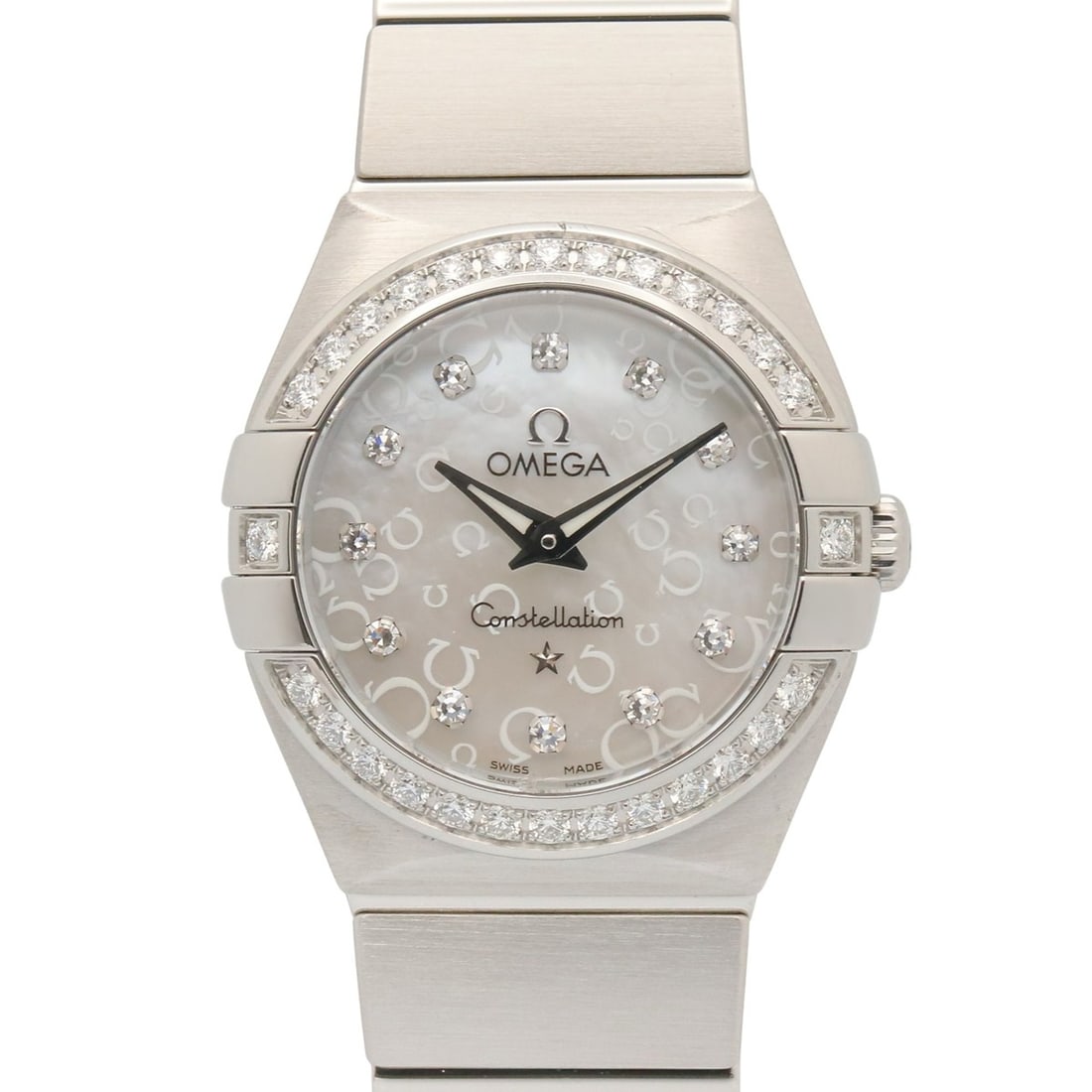 Omega Constellation Diamond Bezel 12P Watch Stainless Steel Ladies White with Mother-of-Pearl: --- Catalog ---Category: SizeWrist Size: 16cm / 6.29''Case Diameter: 24mm / 0.94''Category: DesignType: WristwatchGender: WomenColor (Dial): White, White shellMaterial (Band): Stainless steelMaterial 