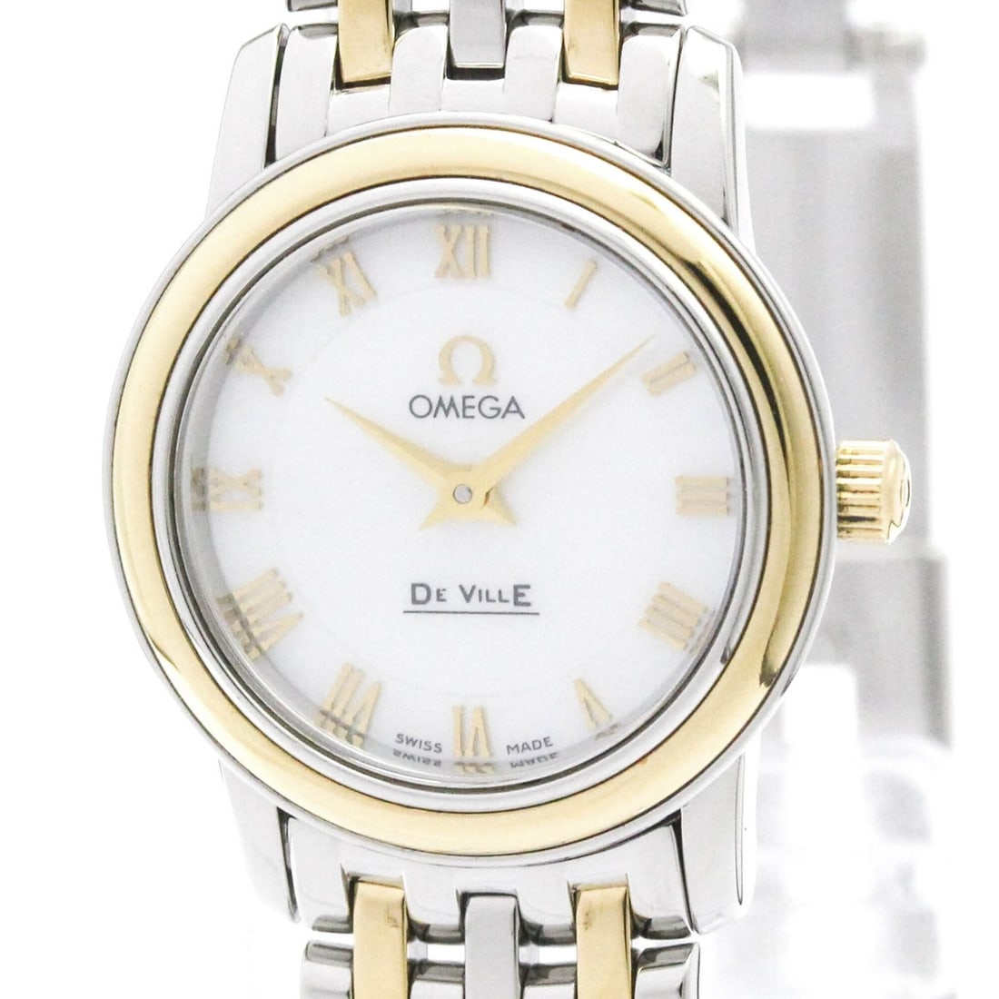 OMEGA De Ville Prestige MOP 18K Gold Steel Quartz Ladies Watch 424.20.24.60.05.001 Polished: --- Catalog ---Category: SizeCase Diameter: 24mm / 0.94''Category: DesignType: WristwatchStyle: Dress/FormalGender: WomenColor (Dial): White shellMaterial (Band): Stainless steel, Yellow gold (18K)Mat