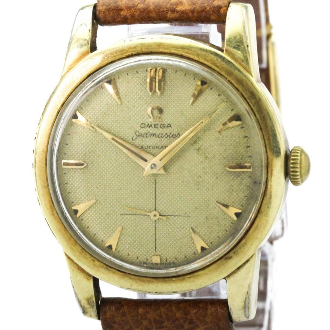 OMEGA Seamaster Cal 344 Gold Plated Automatic Watch 2576.21 Vintage: --- Catalog ---Category: SizeCase Diameter: 33mm / 1.3''Category: DesignType: WristwatchStyle: Dress/FormalGender: MenColor (Dial): SilverMaterial (Band): LeatherMaterial (Case): Gold platedCategory: 