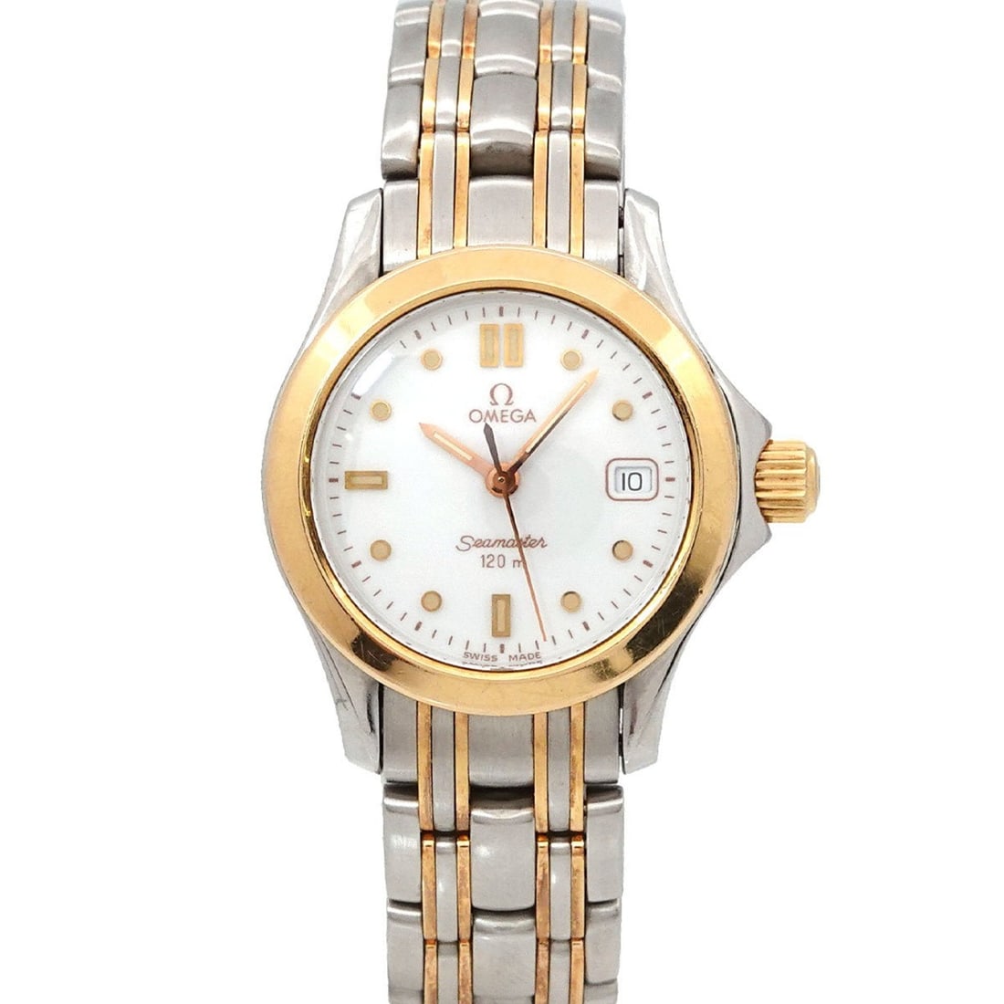 OMEGA Seamaster 120m Two-tone Ladies' Watch with Date Display, White/Yellow Gold, Quartz Movement: --- Catalog ---Category: SizeWrist Size: 15cm / 5.9''Case Diameter: 26mm / 1.02''Category: DesignType: WristwatchGender: WomenColor (Dial): WhiteMaterial (Band): Stainless steel, Yellow goldMaterial (