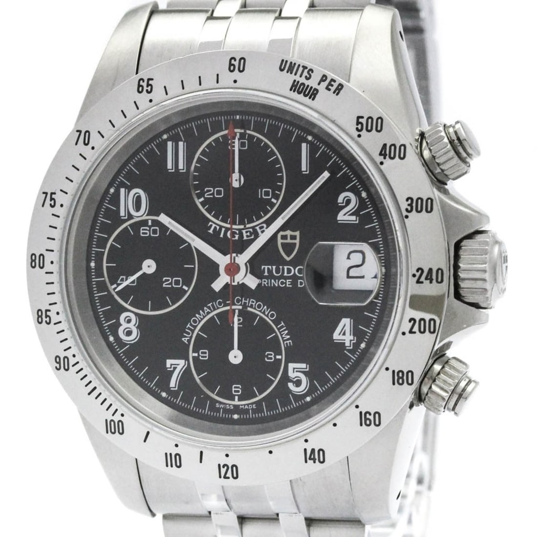 TUDOR Chrono Time Prince Date Tiger Steel Mens Watch 79280 Polished: --- Catalog ---Category: SizeCase Diameter: 40mm / 1.57''Category: DesignType: WristwatchStyle: SportGender: MenColor (Dial): BlackMaterial (Band): Stainless steelMaterial (Case): Stainless steelCateg