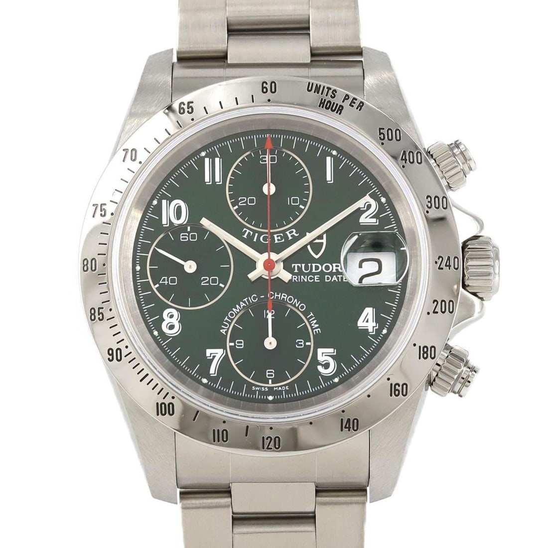 Tudor Chronotime Tiger 79280T?3 SS Wristwatch Automatic: --- Catalog ---Category: SizeWrist Size: 19cm / 7.48''Case Diameter: 39.5mm / 1.56''Category: DesignType: WristwatchGender: MenColor (Dial): GreenMaterial (Band): Stainless steelMaterial (Case): Stain
