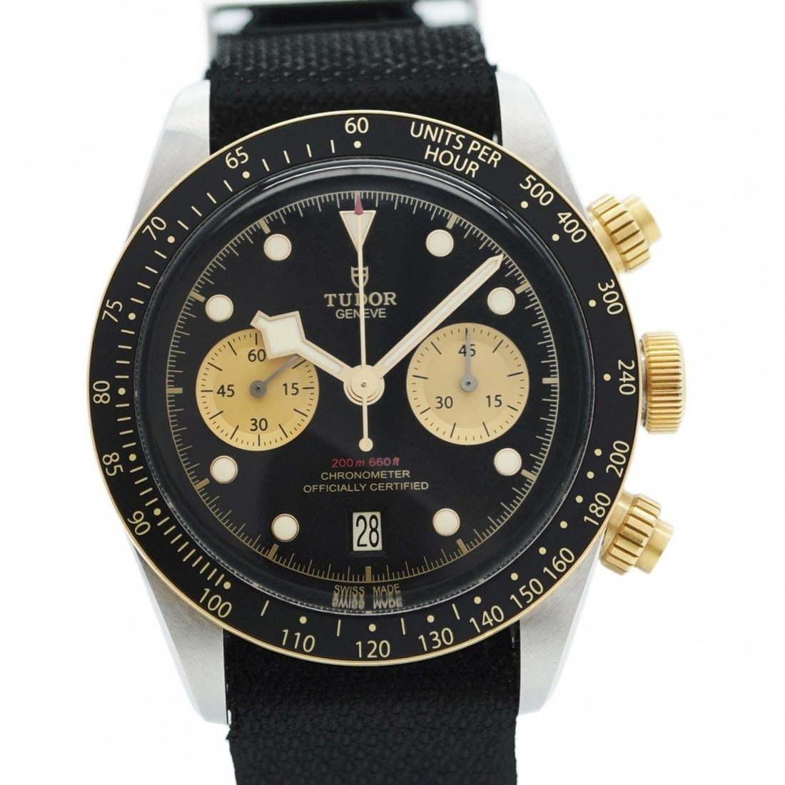 Tudor Black Bay Chrono 79363N Dial Men's Watch: --- Catalog ---Category: SizeWrist Size: 19cm / 7.48''Case Diameter: 41.7mm / 1.64''Category: DesignType: WristwatchGender: MenColor (Dial): BlackMaterial (Band): Nylon, Stainless steelCategory: Gener