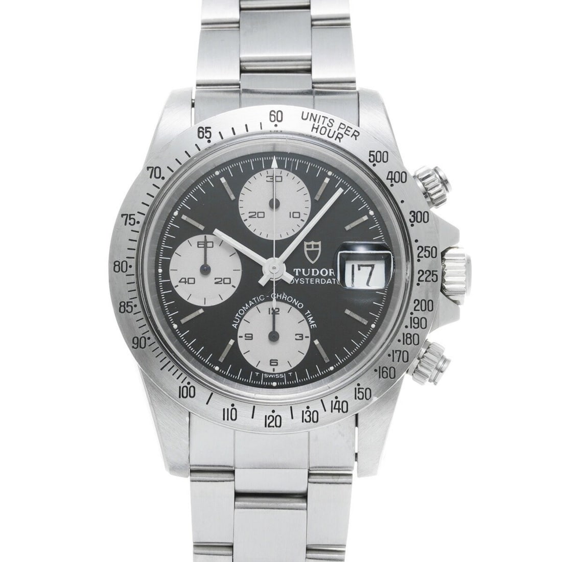 Tudor Chronotime Early Dial Kamaboko Case 79180 Black/Silver Men's Watch Automatic: --- Catalog ---Category: SizeWrist Size: 19.5cm / 7.67''Case Diameter: 40mm / 1.57''Category: DesignType: WristwatchGender: MenColor (Dial): Black, SilverMaterial (Band): Stainless steelMaterial (Case