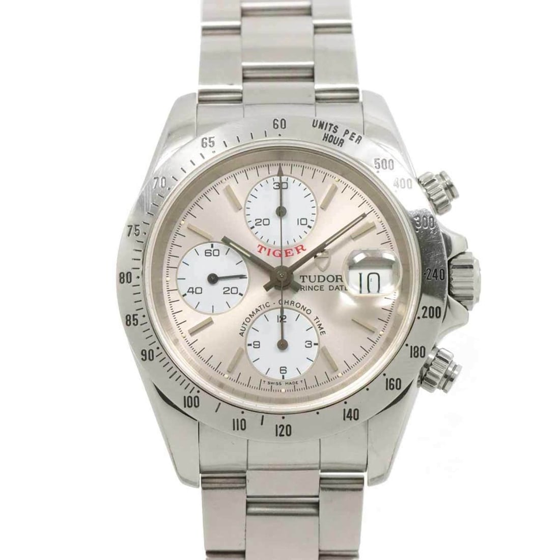 Tudor Chrono Time Tiger Prince Date 79280P Men's Watch Silver Automatic Self-Winding time: --- Catalog ---Category: SizeWrist Size: 17.5cm / 6.88''Case Diameter: 39mm / 1.54''Category: DesignType: WristwatchGender: MenColor (Dial): Silver, WhiteMaterial (Band): Stainless steelMaterial (Case
