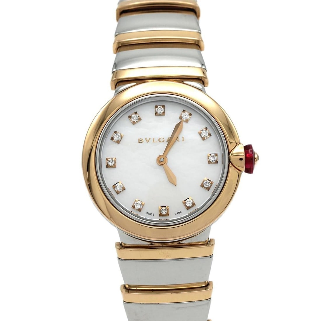 Bulgari Lucea PG Combination 12P LUP28SG LU28WSPGSPG 12 SSxPG Quartz Watch: --- Catalog ---Category: SizeWrist Size: 17cm / 6.69''Case Diameter: 28mm / 1.1''Category: DesignType: WristwatchGender: WomenColor (Dial): WhiteMaterial (Band): Pink gold, Stainless steelMaterial (Ca