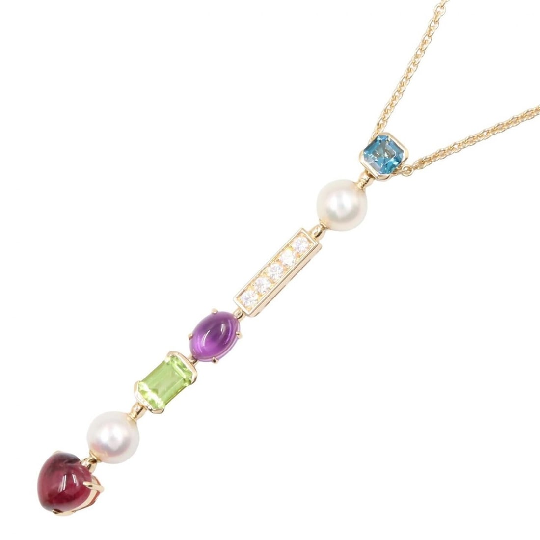 Bvlgari Bulgari Allegra Multi Necklace, 18K (Yellow Gold), Diamond, Pearl, Amethyst, Peridot, Blue: --- Catalog ---Category: SizePendant Size: 70mm x 9mm / 2.75'' x 0.35''Neck Circumference: 37 cm - 43 cm / 14.56'' - 16.92''Category: DesignColor: Blue, Gold, Purple, WhiteGender: WomenMaterial: