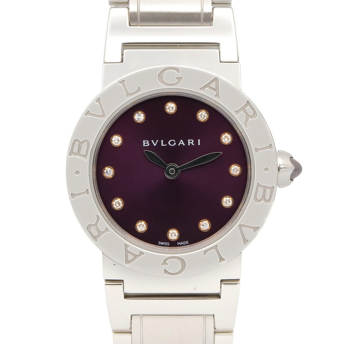 BVLGARI Bulgari 12-Diamond Watch Stainless Steel Diamond Ladies Purple BBL26S: --- Catalog ---Category: SizeWrist Size: 15.5cm / 6.1''Case Diameter: 26mm / 1.02''Category: DesignType: WristwatchGender: WomenColor (Dial): PurpleMaterial (Band): Stainless steelMaterial (Case): Sta