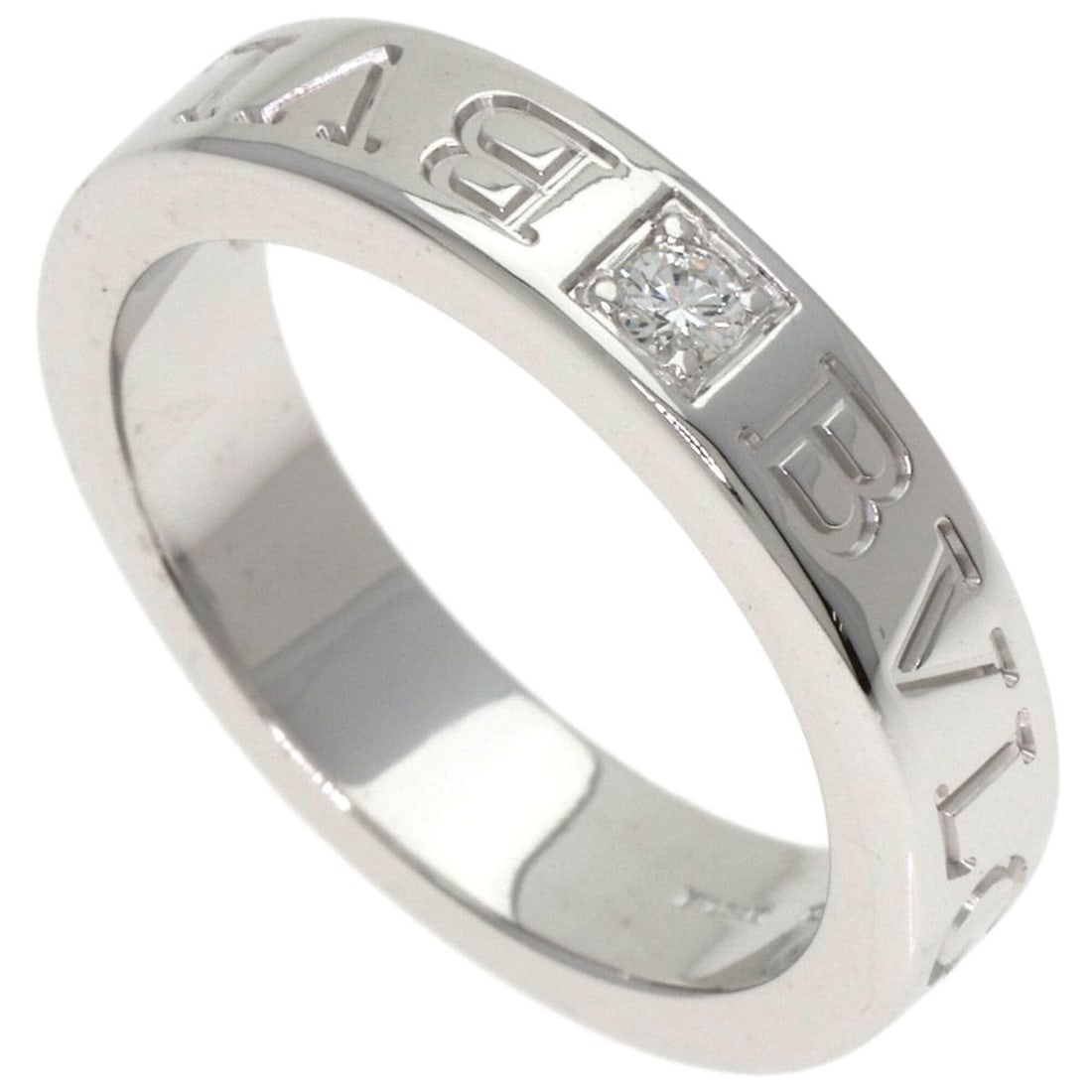 Bulgari Double Logo 1P Diamond Ring 18K White Gold Women's BVLGARI: --- Catalog ---Category: SizeWidth: 4mm / 0.16''Weight: 5.9g / 0.2oz.JP Size: 8US Size: 4.5Category: DesignType: Band ringStone: DiamondGender: WomenMaterial: White gold (18K)Category: GeneralBrand: B