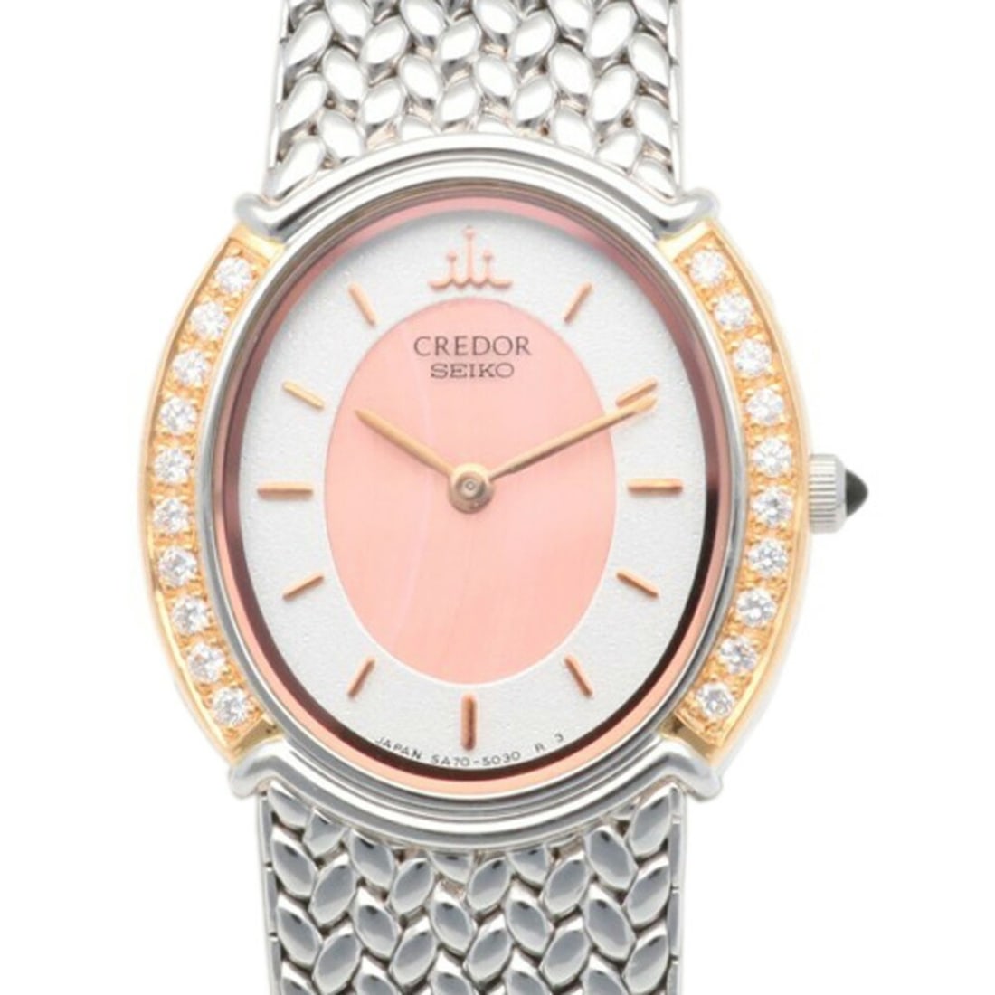 Credor Seiko Watch Stainless Steel 5A70-3000 Quartz Ladies CREDOR SEIKO Non-Waterproof Defective: --- Catalog ---Category: SizeWeight: 34.9g / 1.23oz.Wrist Size: 15cm / 5.9''Case Diameter: 21mm / 0.83''Category: DesignType: WristwatchColor: Pink gold, SilverGender: WomenColor (Dial): PinkMaterial 