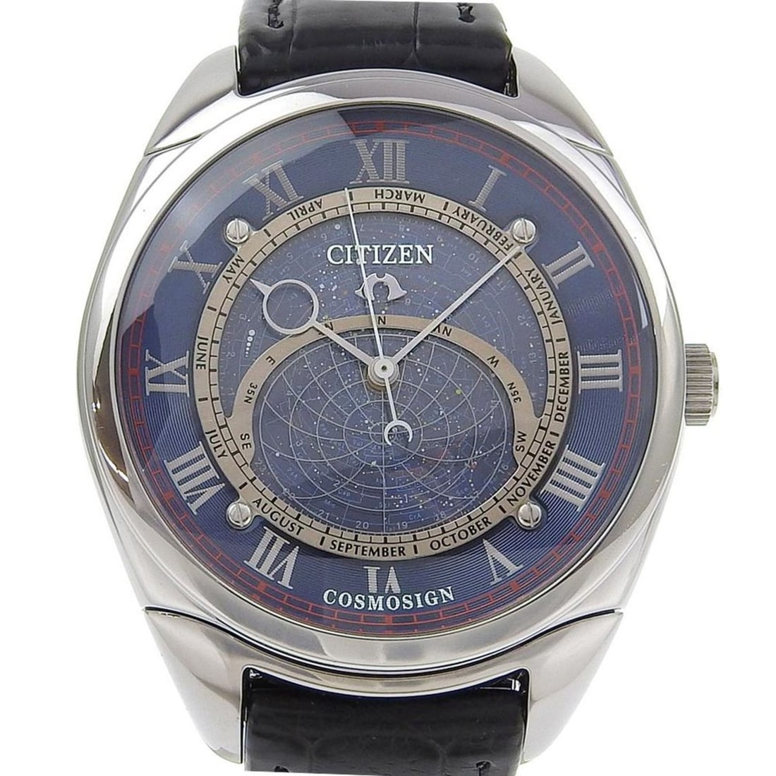 CITIZEN Campanola Cosmosign CTV57 0742 Navy Dial SS/Leather Quartz Approx. 44mm Wristwatch: --- Catalog ---Category: SizeWrist Size: 14.5cm / 5.7''Case Diameter: 44mm / 1.73''Category: DesignType: WristwatchGender: MenColor (Dial): NavyMaterial (Band): Leather, Stainless steelMaterial (Case)