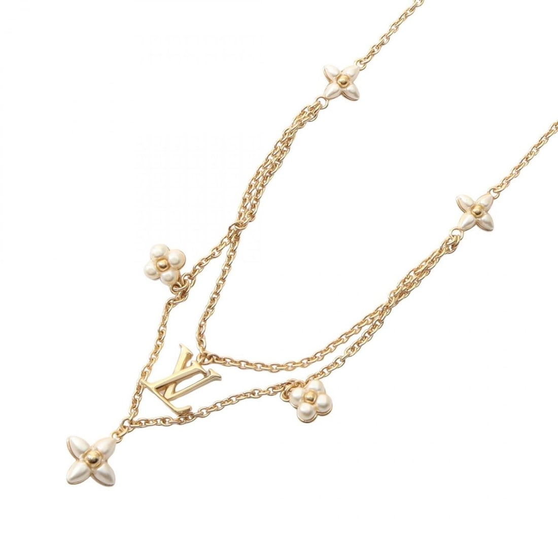 Louis Vuitton LV Floragram Necklace Jewelry GP (Gold Plated) Faux Pearl Women's Gold/White M00981: --- Catalog ---Category: SizePendant Size: 10mm x 10mm / 0.39'' x 0.39''Neck Circumference: 35 cm - 41 cm / 13.77'' - 16.14''Category: DesignColor: Gold, WhiteGender: WomenMaterial: Artificial pearl, 