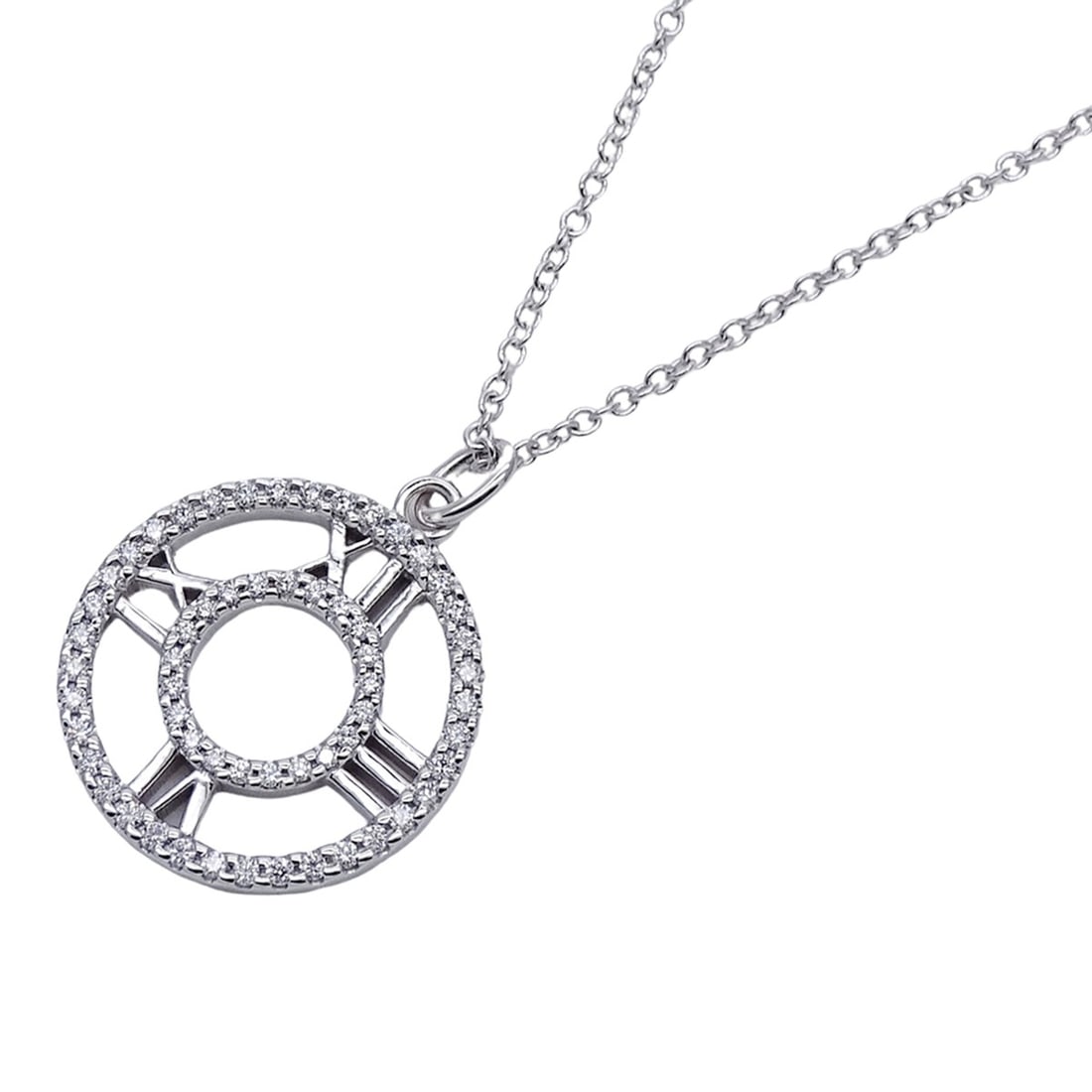 Tiffany & Co. Women's Necklace, Brand Name, 750WG Diamond Atlas Open Medallion, White Gold Jewelry: --- Catalog ---Category: SizeWidth: 14.6mm / 0.57''Weight: 3.8g / 0.13oz.Neck Circumference: 41 cm / 16.14''Category: DesignColor: WhiteStone: DiamondGender: WomenMaterial: White goldNecklace Type: Ne
