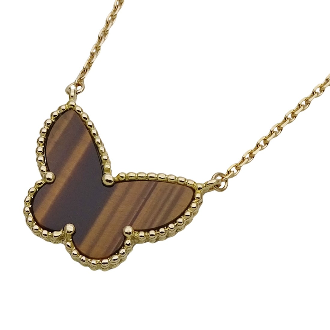 Van Cleef & Arpels Lucky Alhambra Papillon Necklace for Women, 750YG Tiger's Eye Yellow Gold,: --- Catalog ---Category: SizePendant Size: 16.5mm x 20.5mm / 0.64'' x 0.8''Neck Circumference: 42.5 cm / 16.73''Category: DesignColor: Gold, YellowGender: WomenMaterial: Yellow gold (18K)Necklace Type